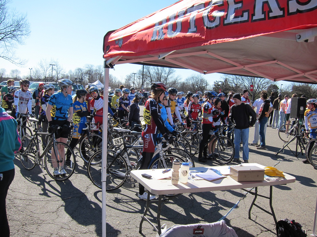 Women's C stages by the start line and registration table at the 2010 Rutgers Season Opener crit.